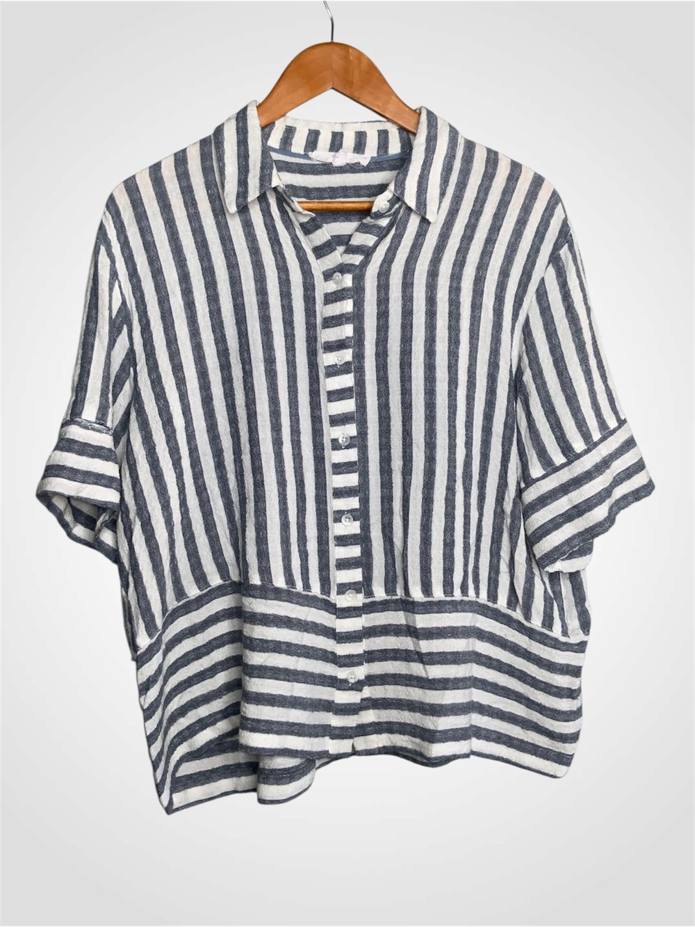 Jane and Delancey Blue and White Striped Button-Front Blouse Medium